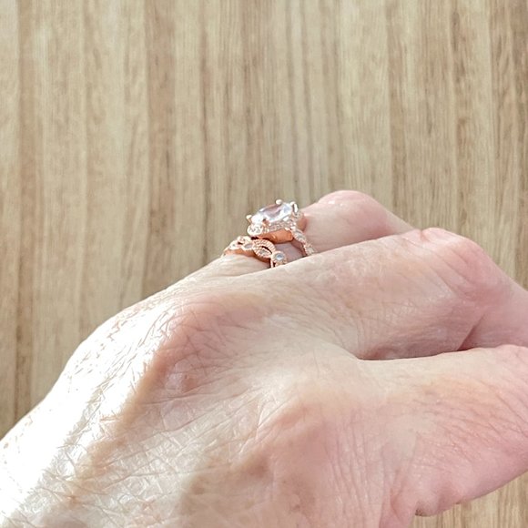 Oval White Sapphire Halo Ring w/ Leaf-Vine Band. 14K Rose Gold. - Picture 5 of 5